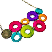 Colorful Linked Circle Statement Necklace, Handmade Polymer Clay
