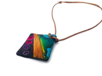 Collier Pendentif Géométrique Abstrait Fait Main | Argile Polymère Colorée