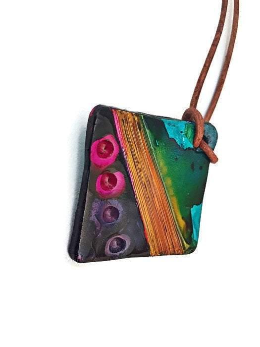 Collier Pendentif Géométrique Abstrait Fait Main | Argile Polymère Colorée
