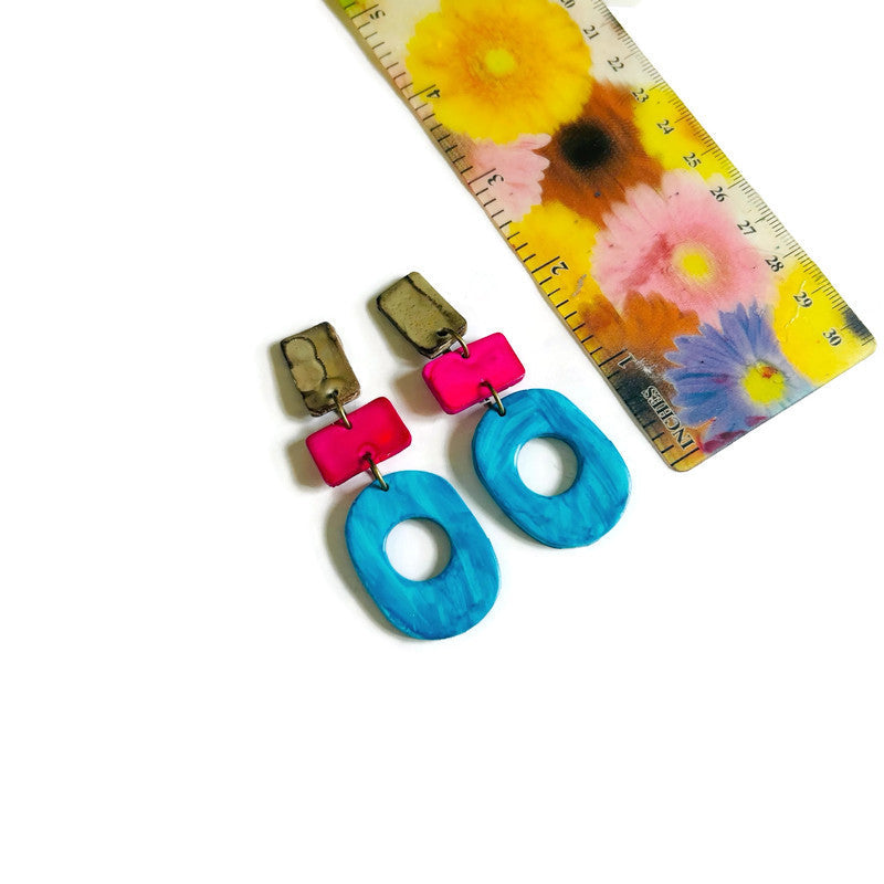 Longues Boucles d'Oreilles Colorées Bleues, Roses et Grises
