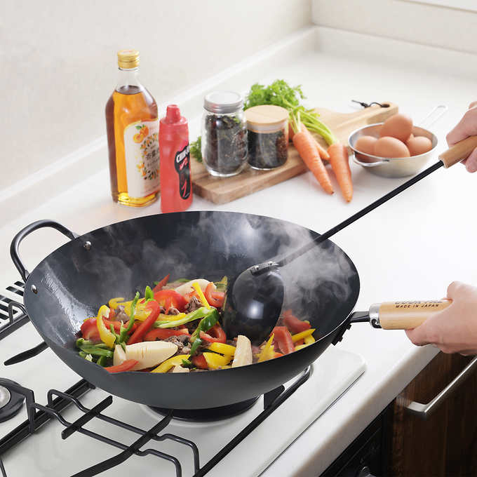 Wok en acier au carbone Yoshikawa Cook-Pal Ren 36 cm | Fabriqué au Japon
