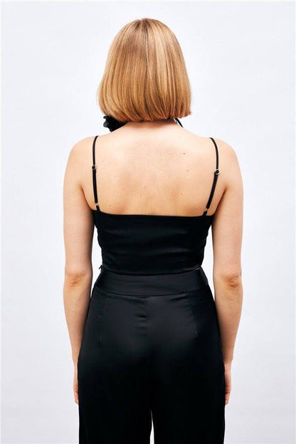(Basic) Satin Crop Top  with String Straps - Black