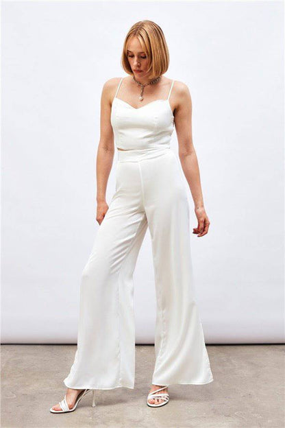 (Basic) Satin Crop Top  with String Straps - white
