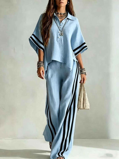 Ensemble deux pièces chemise à manches courtes et pantalon ample pour femme