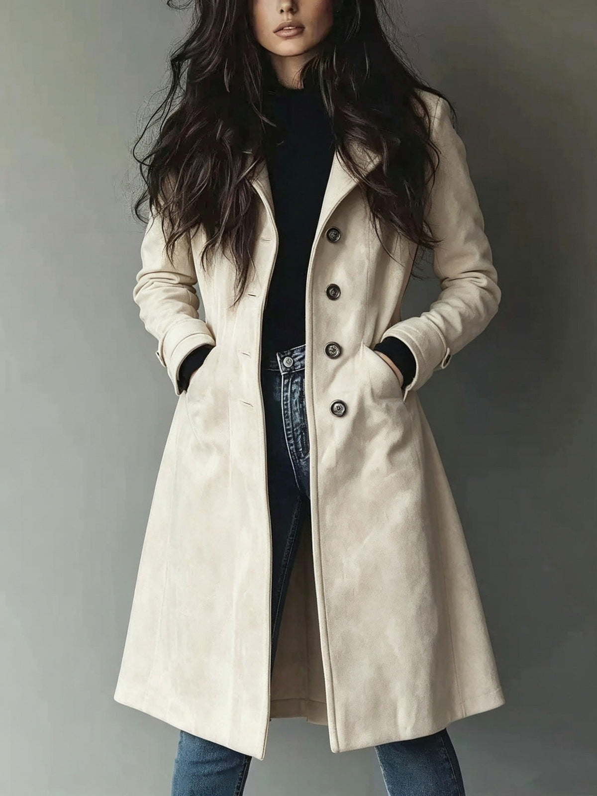 Trench-coat à revers en daim pour femme – Veste mi-longue ceinturée pour l'automne et l'hiver