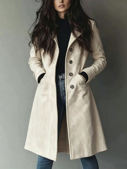 Trench-coat à revers en daim pour femme – Veste mi-longue ceinturée pour l'automne et l'hiver
