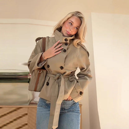 Trench-coat rétro à double boutonnage pour femme – Veste courte à manches longues, col à revers et fermeture à nouer