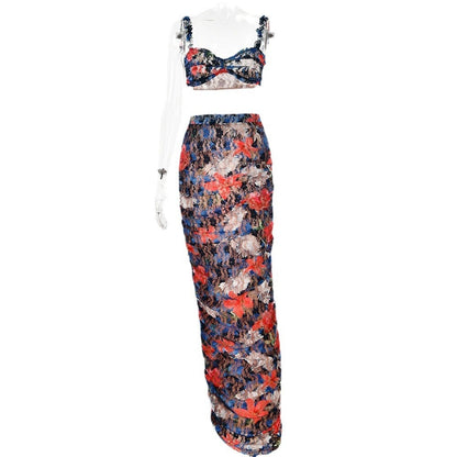 Ensemble deux pièces élégant pour femme – Haut sans manches imprimé et jupe longue plissée