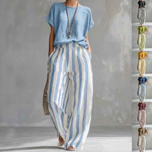 Women's Summer Two Piece Set – Short Sleeve Top with Striped Straight Leg Pants