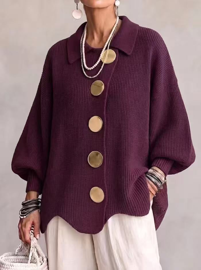 Gilet en maille boutonné pour femme – Pull automne-hiver ample à manches longues et col à revers