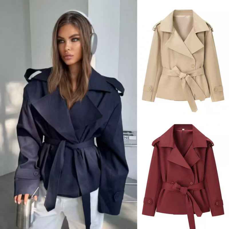 Trench court ceinturé uni pour femme – Veste courte style européen avec nouage à la taille