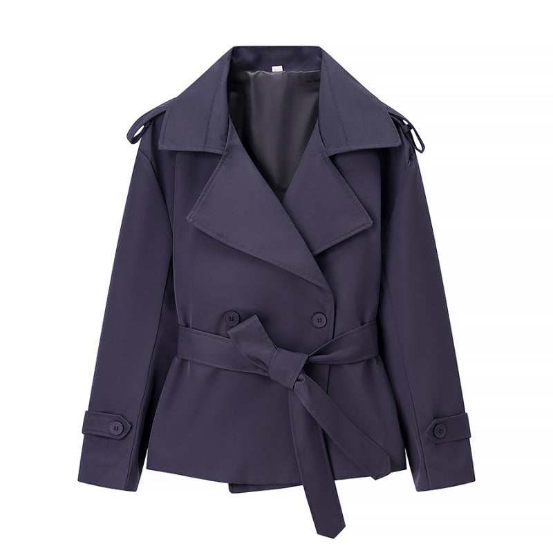 Trench court ceinturé uni pour femme – Veste courte style européen avec nouage à la taille