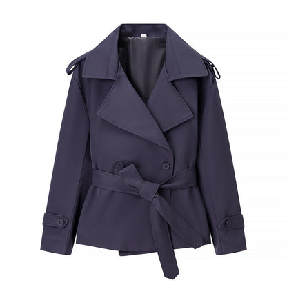 Trench court ceinturé uni pour femme – Veste courte style européen avec nouage à la taille