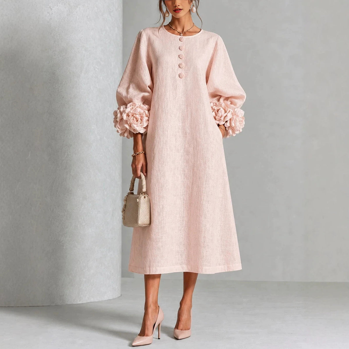 Robe trapèze à fleurs 3D pour femme – Robe de soirée et de mariage style français à manches bouffantes