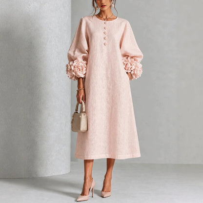 Robe trapèze à fleurs 3D pour femme – Robe de soirée et de mariage style français à manches bouffantes