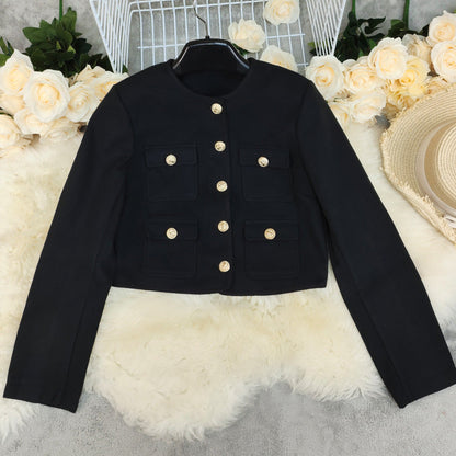 Veste courte en mélange de laine pour femme – Manteau décontracté léger uni à col rond
