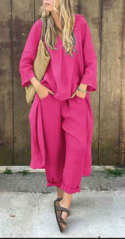 2pcs Long-sleeved Suits Loose V-neck Long Top And High Waist Wide Leg Pants With Pockets Women's Clothing