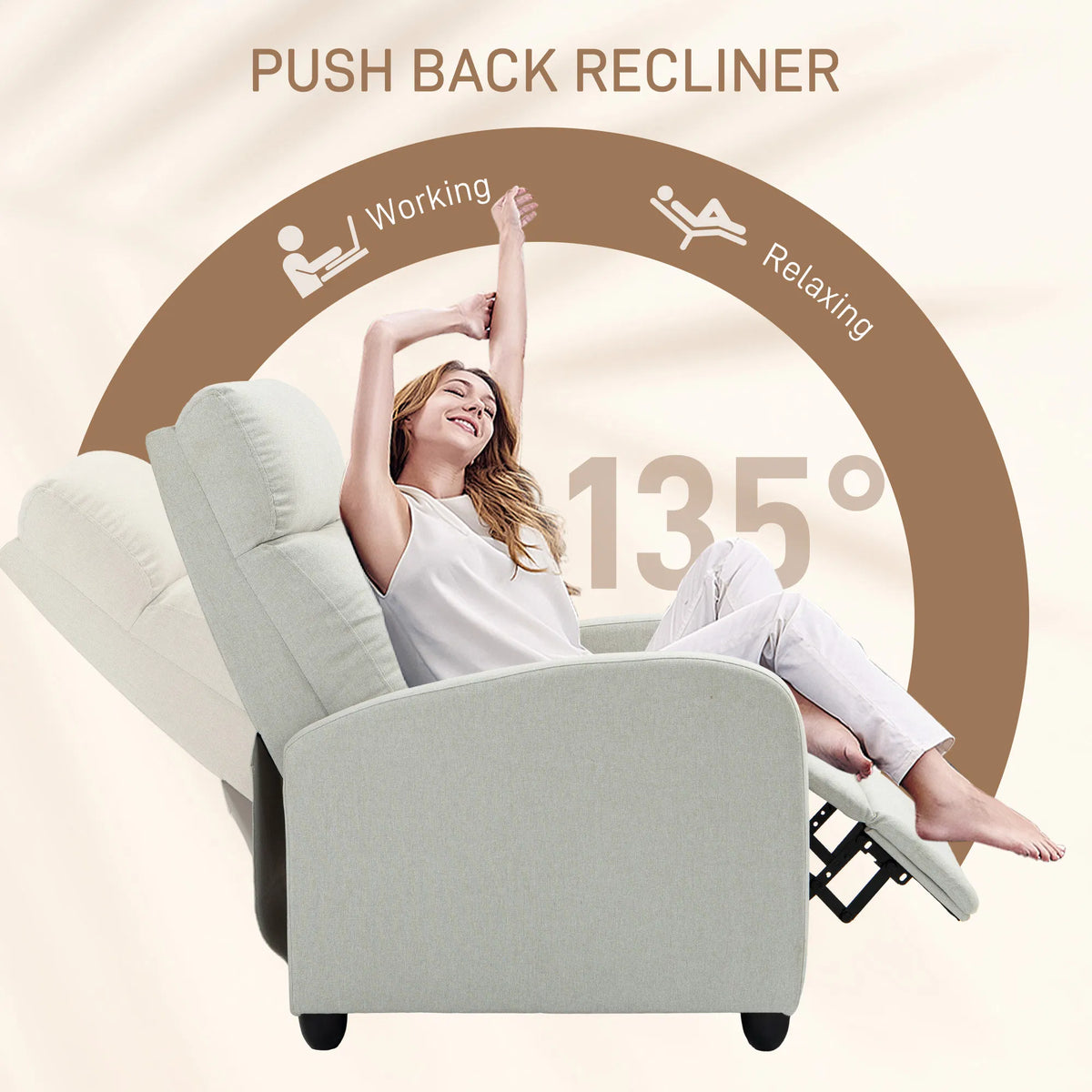 Cream White Fabric Recliner Chair – Manual Home Theater & Living Room Sofa with Padded Seat (United States & Canada Delivery Only)
