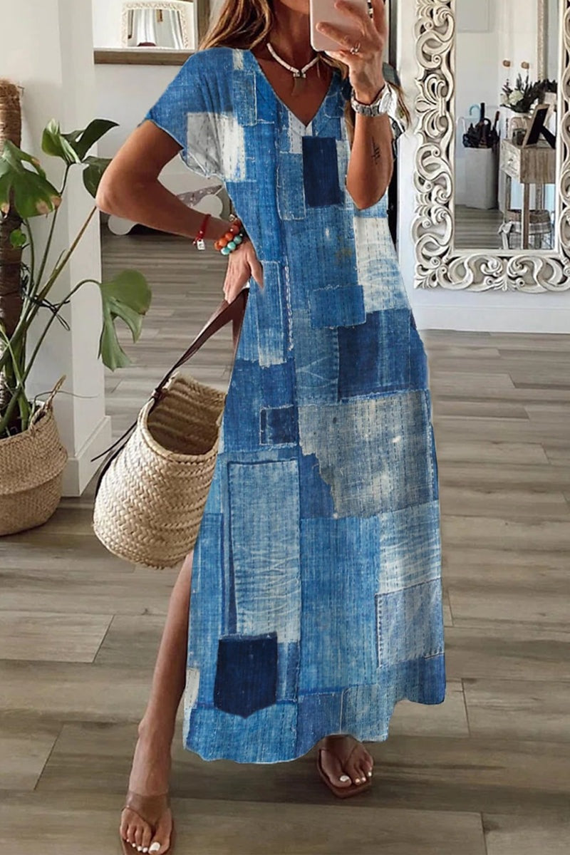 Robe d’été élégante à impression 3D pour femme – Robe mi-longue tendance à fente