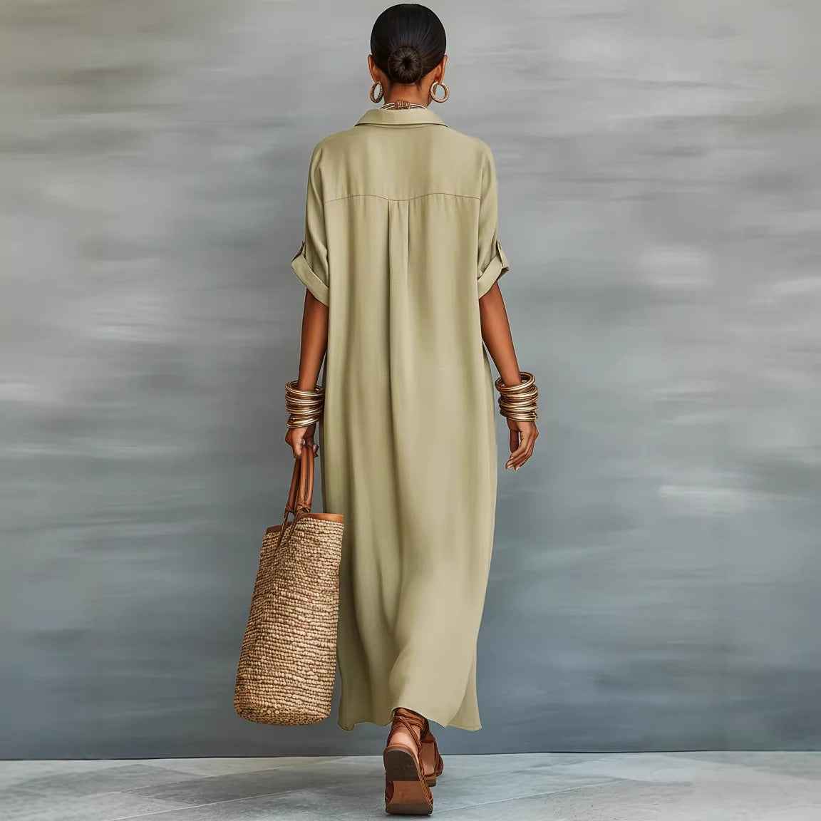 Robe chemisier d'été à manches courtes pour femme – Robe longue à col à revers et boutonnage à l'avant