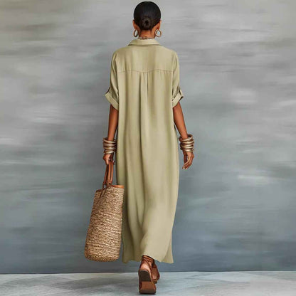 Robe chemisier d'été à manches courtes pour femme – Robe longue à col à revers et boutonnage à l'avant