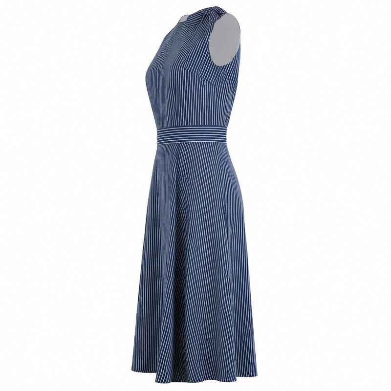 Robe longue vintage style français à rayures, sans manches et taille haute