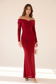 Off-Shoulder Long Sleeve Shimmery Maxi Dress - Red