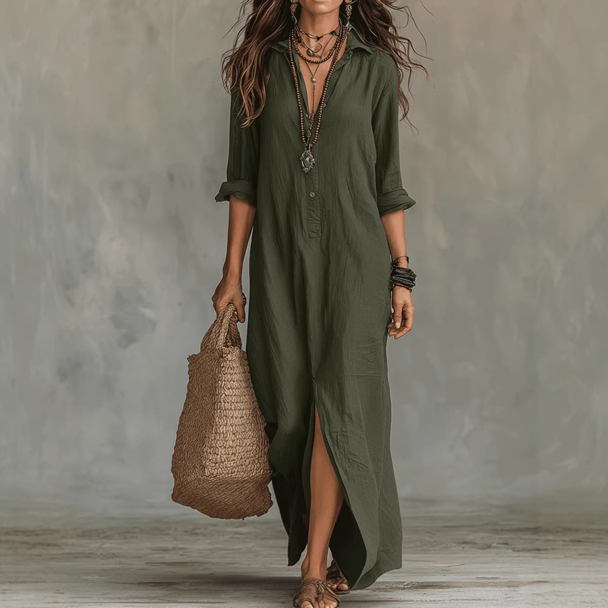 Robe longue à manches longues, décontractée, de couleur unie, col revers, fente latérale, robes de plage, vêtements pour femmes
