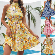 Women's Floral Halter Dress – Summer Lace-Up Ruffle Maxi Dress