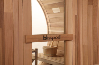 Blisspod | Prague | Sauna tonneau extérieur en cèdre rouge canadien à vapeur | Arrière entièrement vitré | 180cm H x 180cm L x 180cm P | 4-6 personnes