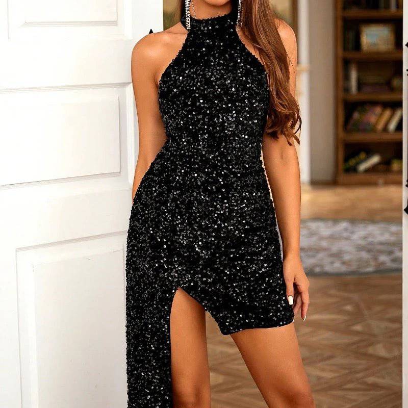 Mini-robe de soirée ajustée en velours et sequins, drapée sur le côté, à col halter - Noir