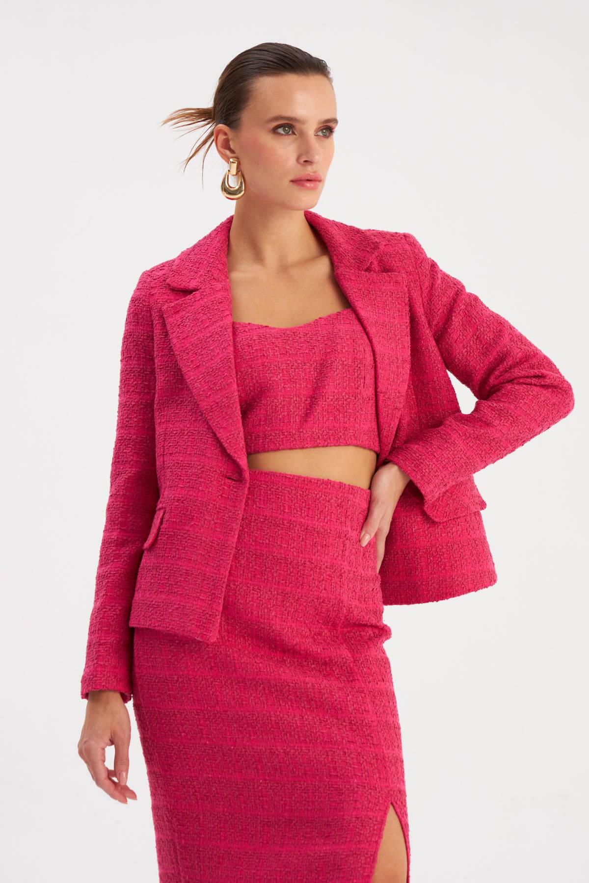 Chemisier court en tweed à bretelles - Fuchsia
