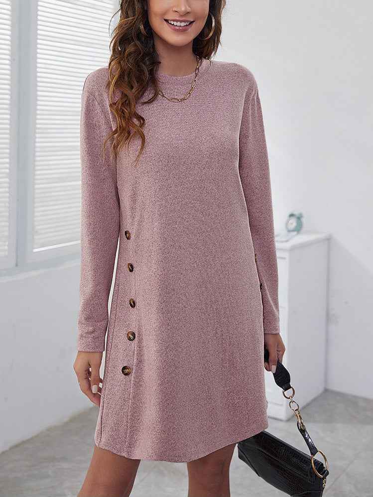 Robe femme à manches longues et col rond – Robe décontractée et ample de couleur unie pour l'automne et le printemps