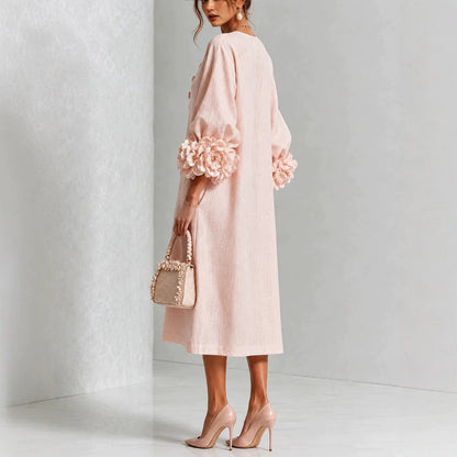 Robe trapèze à fleurs 3D pour femme – Robe de soirée et de mariage style français à manches bouffantes