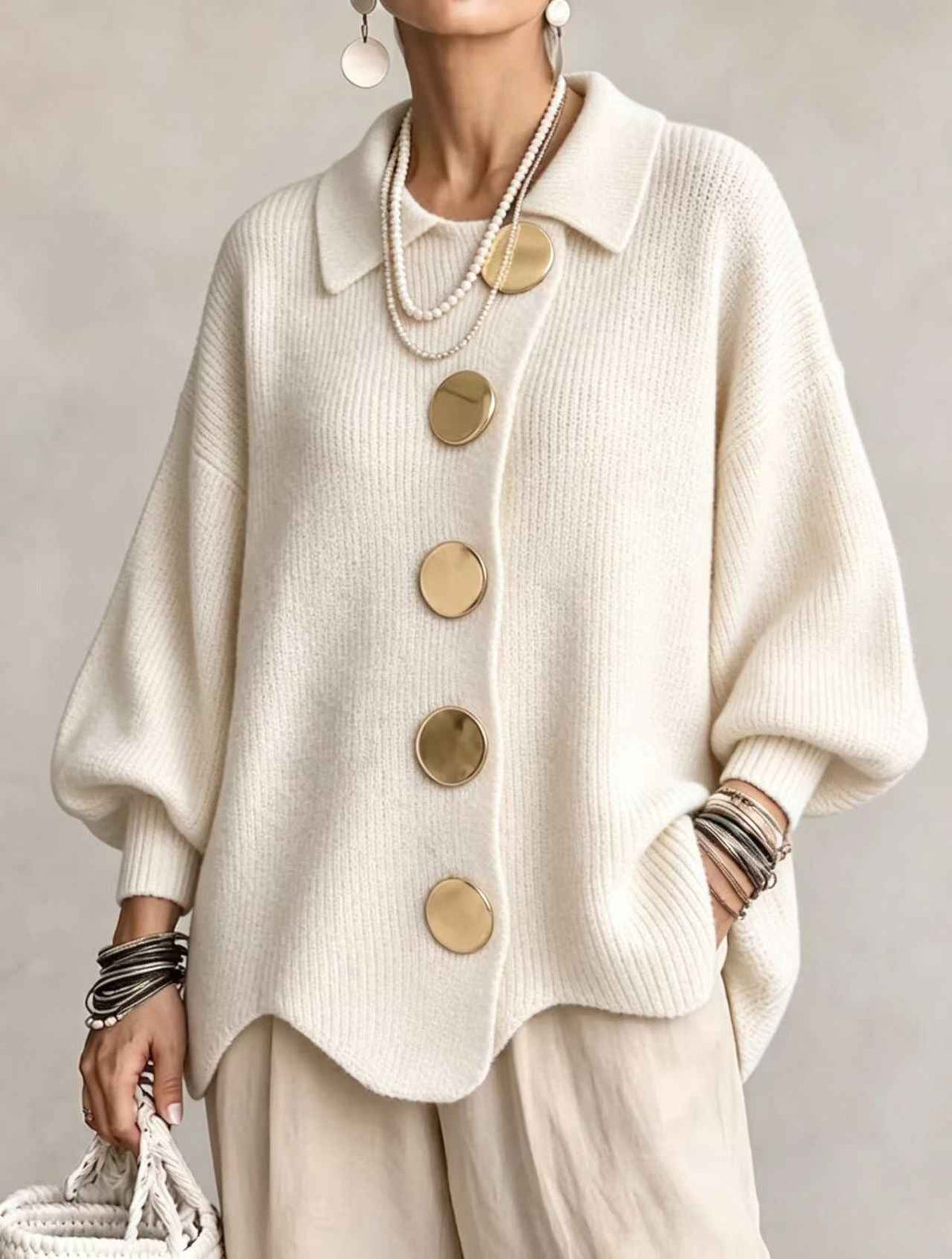 Gilet en maille boutonné pour femme – Pull automne-hiver ample à manches longues et col à revers