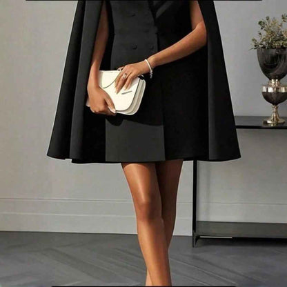 Robe blazer courte à cape élégante pour femme, robe habillée de luxe à double boutonnage, col en V, épaules structurées et manches cape fluides.
