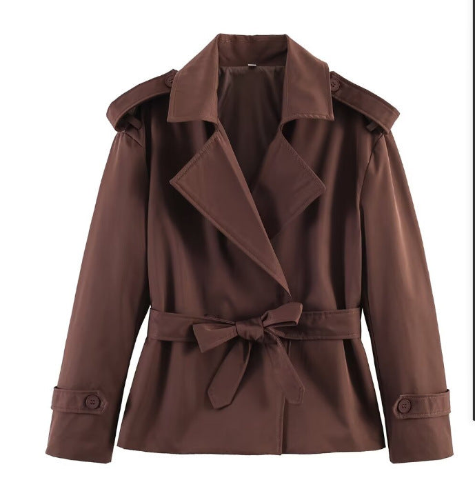 Trench court ceinturé uni pour femme – Veste courte style européen avec nouage à la taille
