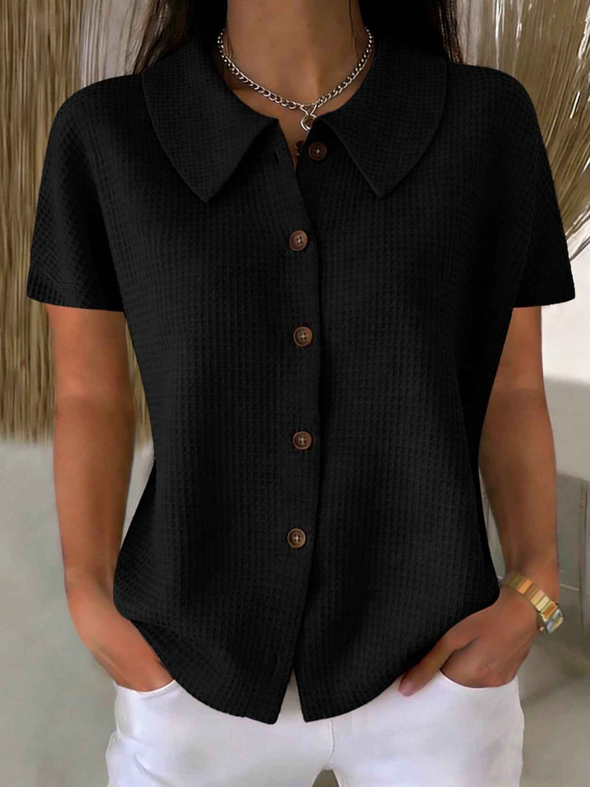 Turn-Down Collar Waffle Weave Solid Color Casual Loose Fit Short Sleeve Shirt - Women's Cotton Blend Lightweight Summer Top For Daily Wear