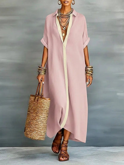 Robe chemisier d'été à manches courtes pour femme – Robe longue à col à revers et boutonnage à l'avant