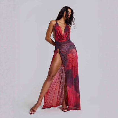 Robe dos nu à imprimé style français avec décolleté plongeant et taille cintrée