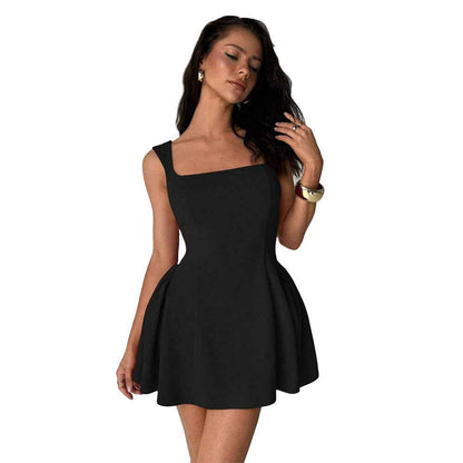 Robe de printemps pour femme – Mini-robe sans manches à encolure carrée avec jupe évasée