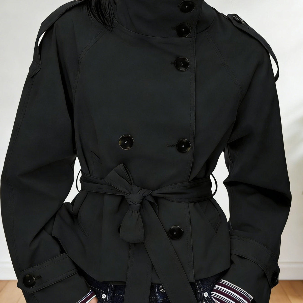 Trench-coat rétro à double boutonnage pour femme – Veste courte à manches longues, col à revers et fermeture à nouer