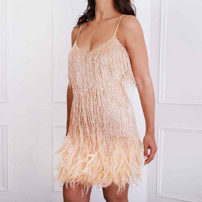 Robe courte à sequins avec plumes et franges pour femme – Robe de soirée à col en V et bretelles spaghetti