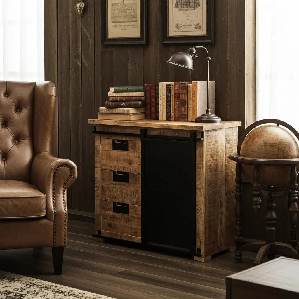Commode Raven en bois de manguier avec porte coulissante en acier noir