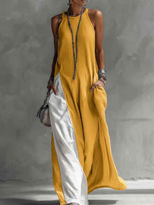 Robe longue à bretelles pour femmes, type gilet trapèze, couleur contrastée, robe de plage d'été, décontractée, ample, col licou, poches latérales, fente, longues robes