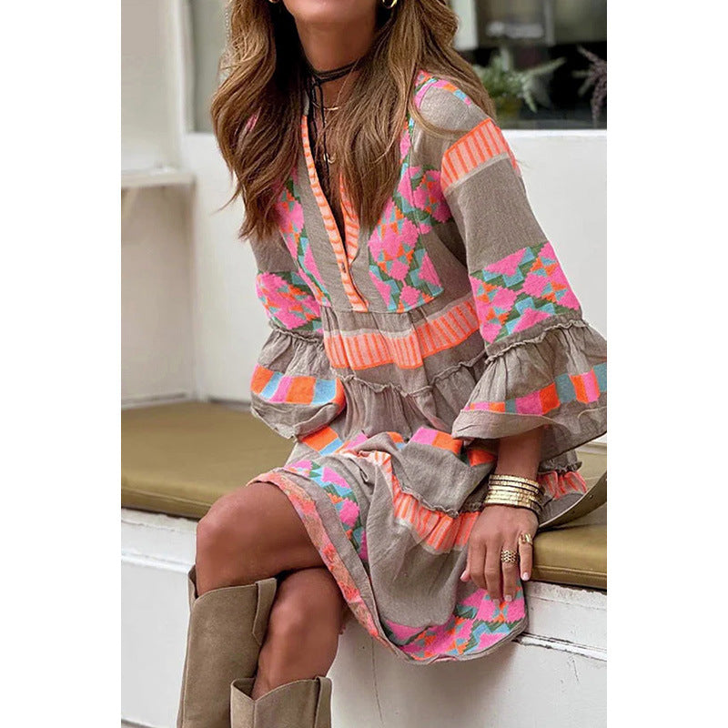 Robe à col en V imprimé mode – Robe trapèze à volants pour femme, manches trois-quarts, idéale pour l'été