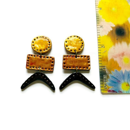 Boucles d'Oreilles Géométriques Originales en Or, Cuivre et Noir avec Tige ou Clip