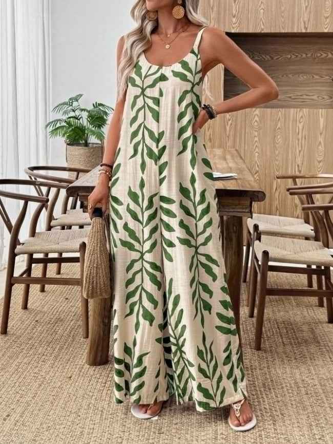 Combinaison pantalon décontractée et élégante à col en V pour femme avec imprimé feuilles tropicales et poches