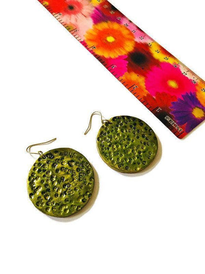 Extra Large Disc Dangle Earrings, Handmade – Hammered Metallic Style