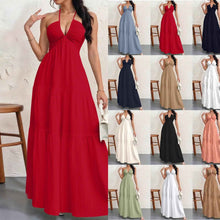 Robe longue trapèze plissée à dos nu, encolure américaine et col en V, tenue femme, robe une pièce, jupe longueur cheville pour tenues de vacances à la plage